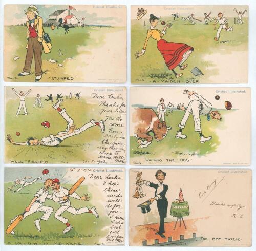 Davidson Bros. &lsquo;Cricket Illustrated&rsquo;, Series 2505 c.1903. Early comical cricket postcards. Full set of six Edwardian postcards, each of colour cartoons of a humorous cricket scene illustrating a well-known cricket phrase or saying by the artist &lsquo;Tom B&rsquo; (T