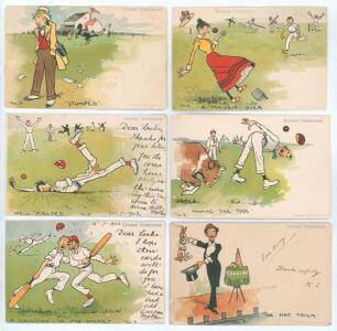 Davidson Bros. &lsquo;Cricket Illustrated&rsquo;, Series 2505 c.1903. Early comical cricket postcards. Full set of six Edwardian postcards, each of colour cartoons of a humorous cricket scene illustrating a well-known cricket phrase or saying by the artist &lsquo;Tom B&rsquo; (T