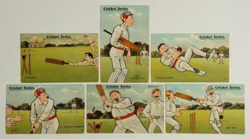 Millar & Lang &lsquo;Cricket Series&rsquo; no. 585 c.1907. Full set of six humorous Edwardian colour postcards of cartoons. Titles are &lsquo;Run Out!&rsquo;, &lsquo;Out. Score- 0!&rsquo;, &lsquo;Well Caught!&rsquo;, &lsquo;An Anxious Moment&rsquo;, &lsquo;Bowled!&rsquo;, and &lsquo;Leg Hit!&rsquo;. Five postally used with postmarks for 