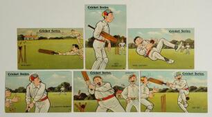 Millar & Lang &lsquo;Cricket Series&rsquo; no. 585 c.1907. Full set of six humorous Edwardian colour postcards of cartoons. Titles are &lsquo;Run Out!&rsquo;, &lsquo;Out. Score- 0!&rsquo;, &lsquo;Well Caught!&rsquo;, &lsquo;An Anxious Moment&rsquo;, &lsquo;Bowled!&rsquo;, and &lsquo;Leg Hit!&rsquo;. Five postally used with postmarks for 