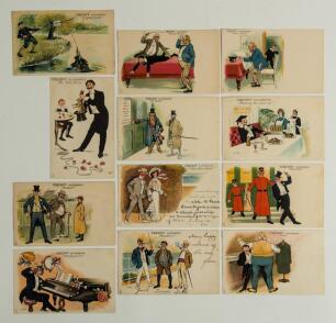 Raphael Tuck & Sons &lsquo;Cricket Illustrated Humorous&rsquo; series no. 1324 & 1325 c.1904. Full set of twelve humorous late Victorian colour postcards of cartoons by &lsquo;P.V.B.&rsquo;. Titles are &lsquo;A Good Catch!&rsquo;, &lsquo;One to Beat!&rsquo;, &lsquo;Cover Point!&rsquo;, &lsquo;The Hat Trick!&rsquo;, &lsquo;No Ball!&rsquo;