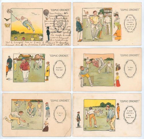 Misch & Stock&rsquo;s &lsquo;Comic Cricket&rsquo; Series No. 181. c.1905. Set of six humorous colour postcards of cartoons by &lsquo;GF&rsquo;. Titles are &lsquo;An Umpire&rsquo;s invention for high balls&rsquo;, &lsquo;The man of the &ldquo;Century&rdquo;. The airs & graces of 100 up&rsquo;, &lsquo;Bowled!- First ball!&rsquo;, &lsquo;A clean