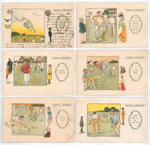 Misch & Stock&rsquo;s &lsquo;Comic Cricket&rsquo; Series No. 181. c.1905. Set of six humorous colour postcards of cartoons by &lsquo;GF&rsquo;. Titles are &lsquo;An Umpire&rsquo;s invention for high balls&rsquo;, &lsquo;The man of the &ldquo;Century&rdquo;. The airs & graces of 100 up&rsquo;, &lsquo;Bowled!- First ball!&rsquo;, &lsquo;A clean