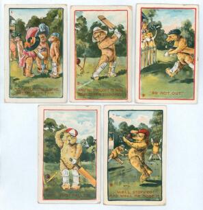 A. & G. Taylor&rsquo;s &lsquo;Orthochrome Series&rsquo; c.1910. Set of five humorous colour postcards of cartoons of teddy bears playing cricket. Titles are &lsquo;None but the brave deserve the fair&rsquo;, &lsquo;And he thought it was going to be a boundary&rsquo;, &lsquo;99 not out&rsquo;, &lsquo;Out! First bal