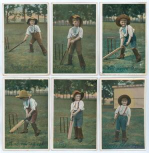 Boy cricketer postcards c.1913. Six early colour postcards of photographic images of a young boy in various batting poses. &lsquo;Series 1888&rsquo; printed in Saxony. Titles are &lsquo;Ready for a run&rsquo;, &lsquo;The hope of his side&rsquo;, &lsquo;Well played Sir&rsquo;, &lsquo;A narrow squeak&rsquo;, &lsquo;Play&rsquo;,