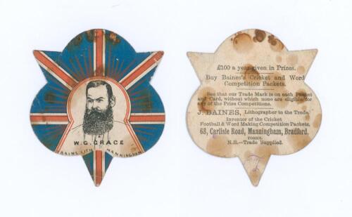 W.G. Grace. An unusual and very early original trade card depicting Grace on a shield shaped Union Flag emblem published by lithographer J. Baines of 68, Carlisle Road, Manningham, Bradford, the card being produced in 1883/84. The card has a head and shou