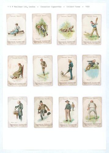 &lsquo;Cricketers Terms&rsquo; series. W.&F. Faulkner 1899. Rare set of twelve plain cigarette cards entitled &lsquo;A maiden over&rsquo;, &lsquo;Caught&rsquo;, &lsquo;Fielding&rsquo;, How&rsquo;s That&rsquo;, &lsquo;Leg Before&rsquo;, &lsquo;Leg Hit&rsquo;, &lsquo;Leg Stump&rsquo;, &lsquo;Over&rsquo;, &lsquo;Run Out&rsquo;, &lsquo;Slip&rsquo;, Stumped&rsquo; and &lsquo;Wide&rsquo;. Odd very minor faul