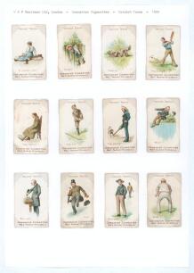 &lsquo;Cricketers Terms&rsquo; series. W.&F. Faulkner 1899. Rare set of twelve plain cigarette cards entitled &lsquo;A maiden over&rsquo;, &lsquo;Caught&rsquo;, &lsquo;Fielding&rsquo;, How&rsquo;s That&rsquo;, &lsquo;Leg Before&rsquo;, &lsquo;Leg Hit&rsquo;, &lsquo;Leg Stump&rsquo;, &lsquo;Over&rsquo;, &lsquo;Run Out&rsquo;, &lsquo;Slip&rsquo;, Stumped&rsquo; and &lsquo;Wide&rsquo;. Odd very minor faul