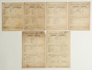 Surrey C.C.C. 1900-1908. Six original pre-war scorecards for County matches played at Kennington Oval, all with printed and/ or handwritten scores, incomplete unless stated. Matches are v Lancashire 16th- 18th August 1900, v Nottinghamshire 5th- 7th Augus