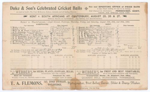 Kent v Hampshire 1904. Colin Blythe fifteen wickets. Early official double-sided scorecard for the match played at Tonbridge 18th & 19th August 1904 with near complete printed and handwritten scores in pencil. Hampshire (91 & 85) lost to Kent (114 & 65/2)