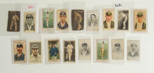 England and Australia early 1900s. Seventeen early cigarette cards including Australian issues. Players featured are A. Jackson, A.F. Kippax, E. Jones, G.L. Garnsey, V. Richardson, J. Scott, C. Hill, V.Y. Richardson, A. Cotter, J.B. Hobbs, E.J. Smith, P.F