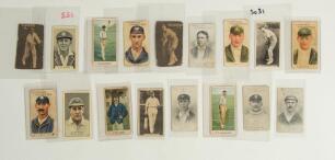 England and Australia early 1900s. Seventeen early cigarette cards including Australian issues. Players featured are A. Jackson, A.F. Kippax, E. Jones, G.L. Garnsey, V. Richardson, J. Scott, C. Hill, V.Y. Richardson, A. Cotter, J.B. Hobbs, E.J. Smith, P.F