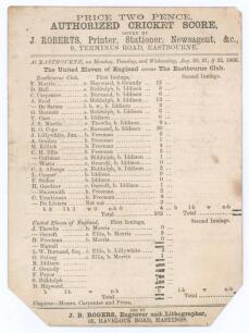 &lsquo;Authorized Cricket Score. The United Eleven of England versus The Eastbourne Club&rsquo; 1866. Early original double sided scorecard for the match played at Eastbourne 20th- 22nd August 1866 with printed scores at the close of the first day&rsquo;s play. The twenty 