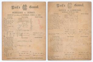Lord&rsquo;s 1885. Two early original double-sided scorecards for matches played at Lord&rsquo;s. Both scorecards with incomplete printed and handwritten scores. Matches are Middlesex v Surrey, 8th- 10th June 1885, Surrey won by 12 runs. Oxford v Cambridge, Varsity M