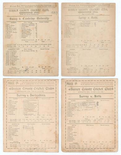 Surrey C.C.C. 1887 & 1889. Four early official double-sided scorecards for matches played at Kennington Oval. Incomplete printed and/ or handwritten scores. Matches are v Cambridge University, 20th- 22nd June 1887, Surrey won by an innings and 67 runs (Wa