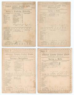 Surrey C.C.C. 1887 & 1889. Four early official double-sided scorecards for matches played at Kennington Oval. Incomplete printed and/ or handwritten scores. Matches are v Cambridge University, 20th- 22nd June 1887, Surrey won by an innings and 67 runs (Wa