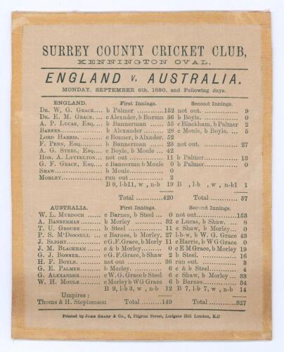 &lsquo;England v Australia, The Oval 1880&rsquo;. The First Test Match to be played in England. Original commemorative silk scorecard for the inaugural Test match, England v Australia, played at the Kennington Oval on the 6th-8th September 1880. England won the first