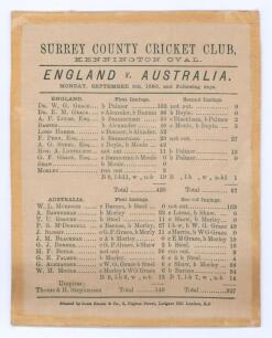 &lsquo;England v Australia, The Oval 1880&rsquo;. The First Test Match to be played in England. Original commemorative silk scorecard for the inaugural Test match, England v Australia, played at the Kennington Oval on the 6th-8th September 1880. England won the first