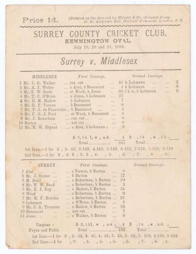 &lsquo;Surrey v. Middlesex&rsquo; 1888. Early original double-sided scorecard for the match played at Kennington Oval, 19th- 21st July 1888. The scorecard with incomplete printed scores. Middlesex (161 & 53) lost to Surrey (163 & 52/7) by seven wickets. George Burton