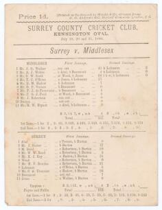 &lsquo;Surrey v. Middlesex&rsquo; 1888. Early original double-sided scorecard for the match played at Kennington Oval, 19th- 21st July 1888. The scorecard with incomplete printed scores. Middlesex (161 & 53) lost to Surrey (163 & 52/7) by seven wickets. George Burton