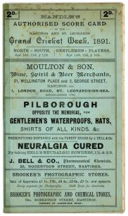 &lsquo;Hastings and St. Leonards Grand Cricket Week, 1891&rsquo;. Original &lsquo;Randle&rsquo;s Authorised Score Card&rsquo;, the eight page programme comprising a page for each innings for the opening match of the sixth Hastings Festival, North v. South, played at the Central Recrea