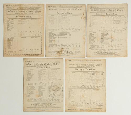 Surrey C.C.C. 1890-1892. Five early original double-sided scorecards for County matches played at Kennington Oval, all with incomplete printed and/ or handwritten scores. Matches are v Nottinghamshire 4th- 6th August 1890, Surrey won by seven wickets. v N