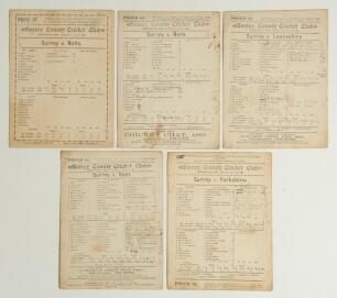 Surrey C.C.C. 1890-1892. Five early original double-sided scorecards for County matches played at Kennington Oval, all with incomplete printed and/ or handwritten scores. Matches are v Nottinghamshire 4th- 6th August 1890, Surrey won by seven wickets. v N