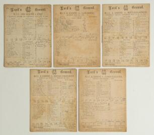 M.C.C. Club and Ground 1890-1893. Five early original double-sided scorecards for matches played at Lord&rsquo;s with printed and handwritten scores in pencil, three complete. Matches are v Kent 8th- 10th May 1890, match drawn (Chatterton ten wickets in the mat