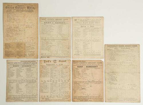 Kent C.C.C. 1892-1899. Seven early original double-sided scorecards for Kent County matches and one tour match against the 1899 Australians, all with printed and/ or handwritten scores, some complete. Matches are v Nottinghamshire, Canterbury 4th- 6th Aug