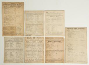Kent C.C.C. 1892-1899. Seven early original double-sided scorecards for Kent County matches and one tour match against the 1899 Australians, all with printed and/ or handwritten scores, some complete. Matches are v Nottinghamshire, Canterbury 4th- 6th Aug