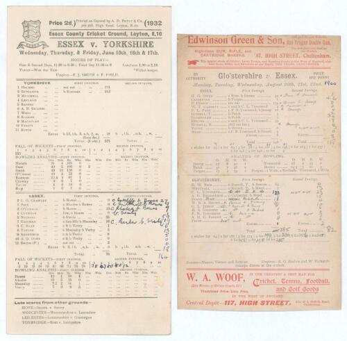 Herbert Sutcliffe and Percy Holmes &lsquo;Record Opening Stand&rsquo; 1932. Essex v. Yorkshire. Official double-sided scorecard with complete printed and handwritten scores in ink for the match played at Leyton, 15th- 17th June 1932. Batting first, Sutcliffe and Holm