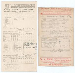 Herbert Sutcliffe and Percy Holmes &lsquo;Record Opening Stand&rsquo; 1932. Essex v. Yorkshire. Official double-sided scorecard with complete printed and handwritten scores in ink for the match played at Leyton, 15th- 17th June 1932. Batting first, Sutcliffe and Holm