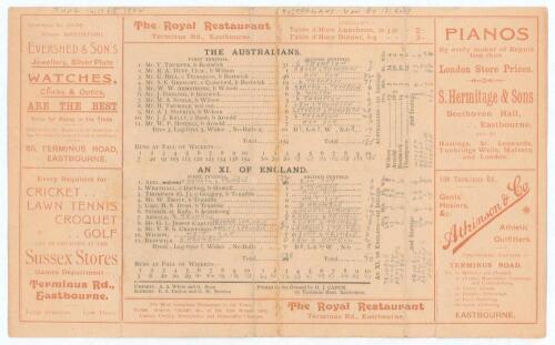 Australian tour to England 1902. &lsquo;Australians v. An XI of England&rsquo;. Rarer early double sided folding scorecard for the tour match played at The Saffrons, Eastbourne, 16th- 18th June 1902, with complete printed and handwritten scores in pencil. Batting fir