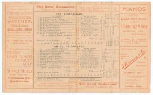 Australian tour to England 1902. &lsquo;Australians v. An XI of England&rsquo;. Rarer early double sided folding scorecard for the tour match played at The Saffrons, Eastbourne, 16th- 18th June 1902, with complete printed and handwritten scores in pencil. Batting fir