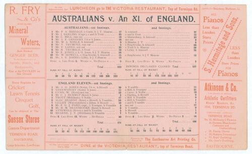 Australian tour to England 1899. &lsquo;Australians v. An XI of England&rsquo;. Rarer early double sided folding scorecard for the tour match played at The Saffrons, Eastbourne, 18th- 20th May 1899, with complete printed scores. Batting first the Australians reached 