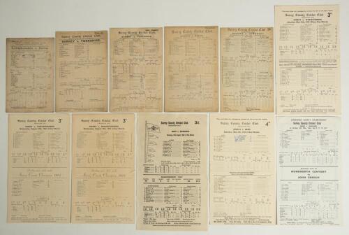 Surrey C.C.C. County match scorecards 1903-1977. A selection of eleven official scorecards, incomplete printed and/ or handwritten scores unless stated. Earlier pre-war scorecards include one &lsquo;away&rsquo; match v Nottinghamshire, Trent Bridge 1st- 3rd June 1903