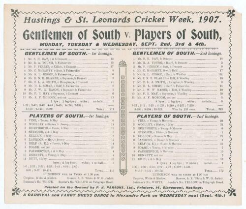 &lsquo;Hastings & St. Leonards Cricket Week, 1907. Gentlemen of South v. Players of South&rsquo;. Jessop second fastest century. Early original double sided folded scorecard with complete printed scores for the match played at the Central Recreation Ground, Hastings,