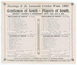 &lsquo;Hastings & St. Leonards Cricket Week, 1907. Gentlemen of South v. Players of South&rsquo;. Jessop second fastest century. Early original double sided folded scorecard with complete printed scores for the match played at the Central Recreation Ground, Hastings,