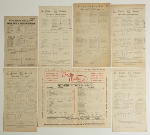 England home Test and tour match scorecards 1907-1987. A selection of thirteen official scorecards with printed and/ or handwritten scores, some complete. Test matches are England v South Africa, 3rd Test, Kennington Oval 1907. v South Africa, 2nd Test, L