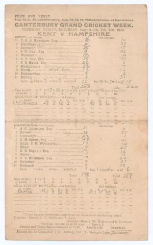 Kent v Hampshire 1908. Colin Blythe twelve wickets. Early official double-sided scorecard for the match played at Canterbury 6th- 8th August 1908 with complete handwritten scores in pencil. Kent (203 & 240) lost to Hampshire (178 & 268/9) by one wicket, H