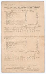 Kent v Hampshire 1908. Colin Blythe twelve wickets. Early official double-sided scorecard for the match played at Canterbury 6th- 8th August 1908 with complete handwritten scores in pencil. Kent (203 & 240) lost to Hampshire (178 & 268/9) by one wicket, H