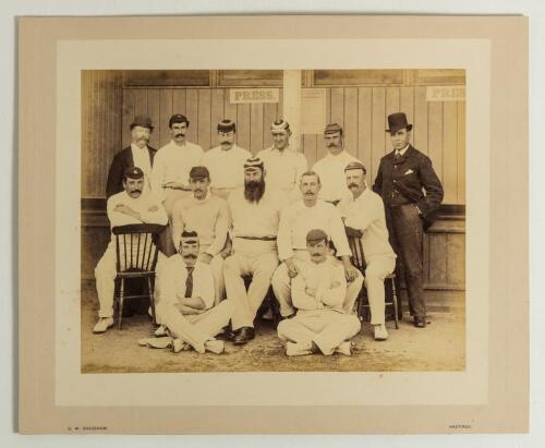 South v North 1893. Large early original sepia photograph of the South team, standing and seated in rows, wearing caps and cricket attire, in front of the pavilion at Hastings for the Festival match played 11th- 13th September 1893. Players featured are W
