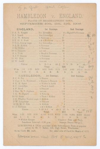 &lsquo;Hambledon v. England played on Broadhalfpenny Down&rsquo; 1908. Rarer early original double-sided scorecard for the first match to be played on Broadhalfpenny Down in over 100 years, 10th- 12th September 1908. Incomplete complete printed and handwritten scores