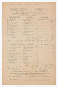 &lsquo;Hambledon v. England played on Broadhalfpenny Down&rsquo; 1908. Rarer early original double-sided scorecard for the first match to be played on Broadhalfpenny Down in over 100 years, 10th- 12th September 1908. Incomplete complete printed and handwritten scores