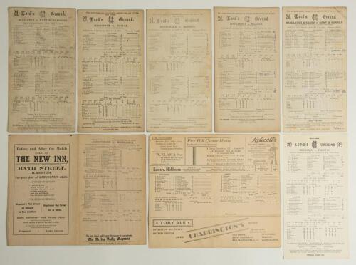 Middlesex C.C.C. County, tour and wartime scorecards 1919-1962. A selection of eight official scorecards with printed and/ or handwritten scores unless stated. Includes six matches played at Lord&rsquo;s, matches are v Nottinghamshire 1919, v Sussex 1920 (J.P. 