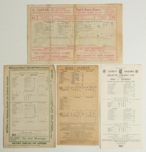 Kent C.C.C. Pre-war scorecards 1930-1939. Three official scorecards for Kent &lsquo;home&rsquo; matches played at different venues, each with printed and/ or handwritten scores. Matches are v Derbyshire at Tonbridge 14th- 17th June 1930, Kent won by nine wickets, Tic