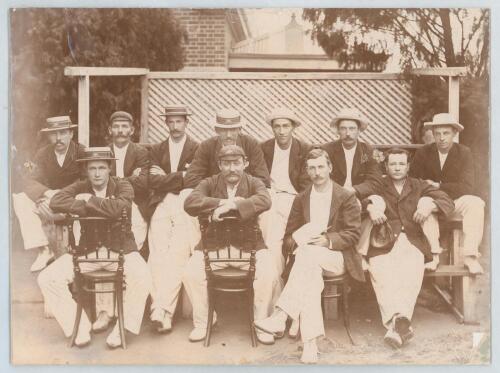 &lsquo;Intercolonial Cricket Match- Victoria v South Australia&rsquo; 1896/97. Original sepia photograph of the Victoria team for the Sheffield Shield match played at the Melbourne Cricket Ground 1st- 5th January 1897. The players seated in two rows, wearing cricket 