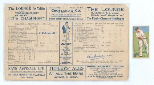 Australia tour to England 1934. England v Australia, 4th Test, Headingley, 20th- 24th July 1934. Original double sided scorecard with printed scores complete to the close of the second day&rsquo;s play. England scored 200 in their first innings, Cyril Walters t