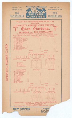 &lsquo;All-India vs. The Australians&rsquo; 1935/36. Rare original scorecard for the second unofficial &lsquo;Test&rsquo; match played at Eden Gardens, Calcutta, 31st December 1935- 3rd January 1936. The &lsquo;Opening Score Card&rsquo; with players listed at the start of play. Notable play