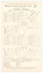 &lsquo;Hutton&rsquo;s match&rsquo;. England v Australia 1938. Official scorecard for the &lsquo;timeless&rsquo; fifth Test at The Oval, 20th- 24th August 1938 in which Hutton made the then record individual Test score of 364 in England&rsquo;s record score of 903-7 dec. England won by an in